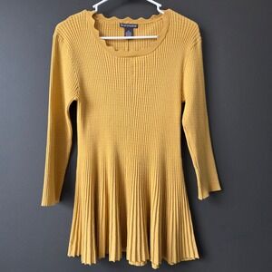Chelsea Theodore Mustard Yellow Ribbed Knit Scalloped Neck Mini Dress Medium‎